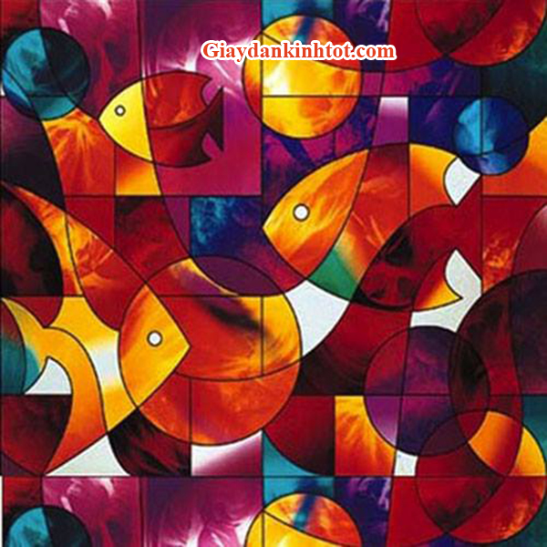 Mẫu giấy dán kính hoa văn họa tiết hình con cá nhiều màu sắc